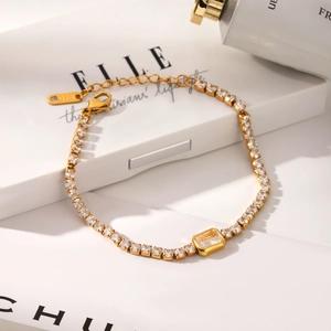 Pulsera de Lujo de Acero Inoxidable Chapado en Oro de 18K con Zirconia para Mujer Pulsera Tennis Geométrica Elegante Joyería