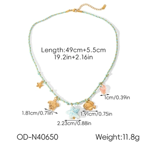 Detailed size specifications of ocean starfish, sea turtle and fish charms on blue woven rope