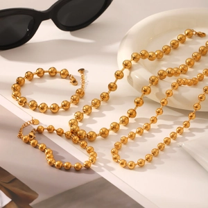 Minimalist 18K gold plated stainless steel bead necklace and bracelet set with lobster clasp