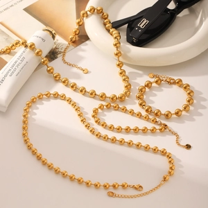 Minimalist 18K gold plated stainless steel bead necklace and bracelet set with lobster clasp