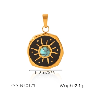 Detail showing retro sunburst pendant with turquoise inlay and 1.43cm size specifications
