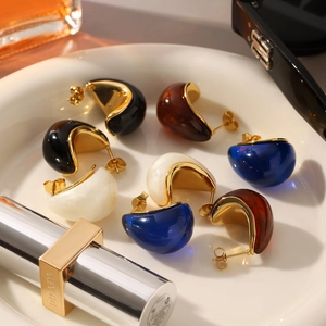 Retro 18K gold plated stainless steel resin C-shape earrings in four assorted colors