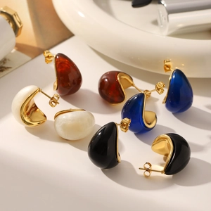Vintage 18K gold-plated stainless steel teardrop earrings in multiple resin colors