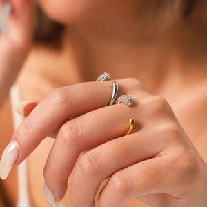 Minimalist 18K gold plated and silver zircon spiral open rings set on model hand