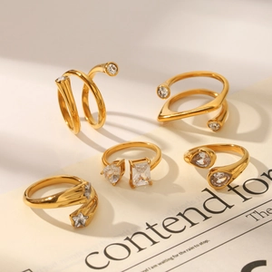 Detailed view of 5-piece gold stainless steel ring set with zircon on decorative card