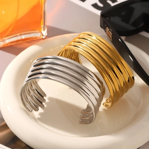 Classic stainless steel multi-layered open cuff bracelet in polished gold and silver finish