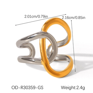 Detail showing two-tone twisted stainless steel ring dimensions 2.01cm with 2.4g weight