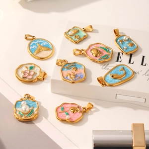 DIY colorful enamel stainless steel pendants with whale tail and flower patterns and pearls