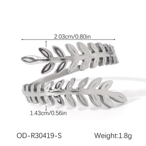 Silver leaf-shaped open ring size specifications and dimensions on a white background