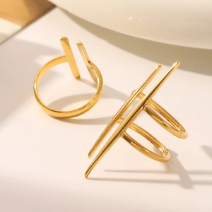 Minimalist 18K gold plated stainless steel geometric open rings in T-bar and double line design