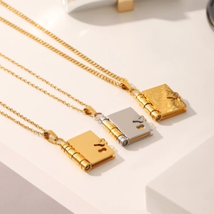 Romantic book locket pendant necklaces in gold and silver stainless steel for couples