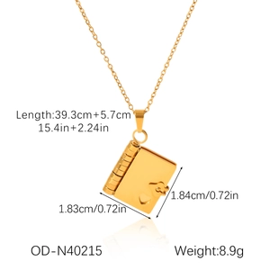 Detailed size specifications for gold book pendant necklace with 39.3cm chain length