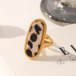 Anello Aperto in Acciaio Inossidabile Placcato Oro 18K Vintage Donna Regolabile Stampa Leopardata Anello Tondo Ovale Gioielli