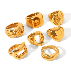 Polished gold stainless steel rings set featuring geometric and heart-shaped designs