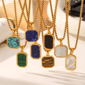 Minimalist 18k gold plated stainless steel square pendant necklaces with diverse gemstones