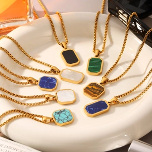 Stainless Steel Octagon Pendant Necklace For Women 18K Gold Plated Gemstone Inlaid Box Chain Luxury Trendy Jewelry Gift