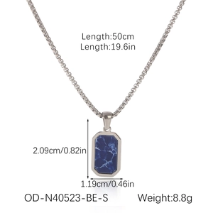 Detail shot of square marble pendant necklace with size specs on polished box chain