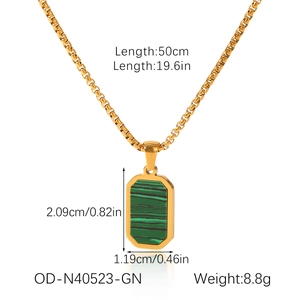 Detail of 18k gold plated box chain with a rectangular green malachite stone pendant
