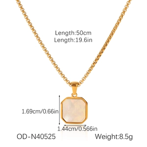 Detail view of gold stainless steel necklace with square shell pendant and dimensions