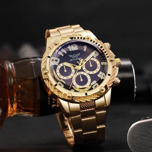 Luxury gold men's business quartz watch with blue dial and textured gold case