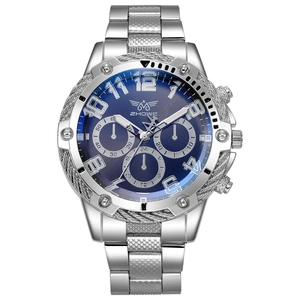 Detailed macro view of ZHOWE quartz watch featuring blue dial and metallic woven bezel