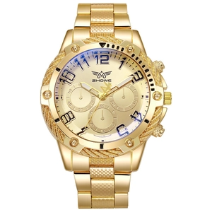 Luxurious gold stainless steel men's business quartz watch with a textured bezel