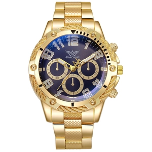 Luxurious men's gold stainless steel quartz watch with a deep blue multi-dial face