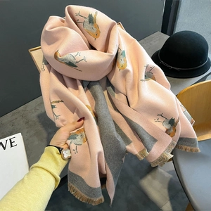 Pink and grey cashmere scarf with robin bird prints and short tassel fringe edges