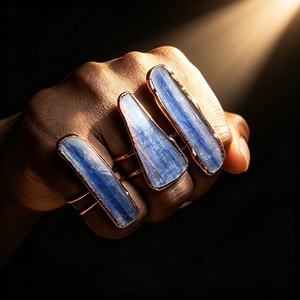 Vintage raw blue kyanite open ring with rose gold plating on a dark aesthetic background