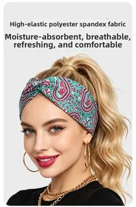 Close-up of paisley yoga headband in teal with moisture-wicking stretch fabric