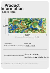 Detailed size chart for paisley yoga headband with 10cm width and polyester spandex material