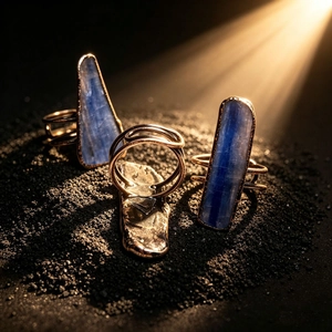 Macro shot of three vintage handmade copper wire wrapped rings with raw blue kyanite stones