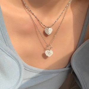 925 Sterling Silver Heart Pendant Necklace Sparkly Zirconia Frosted Heart Toggle Clasp Chain Minimalist Jewelry Gift For Women