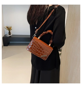 Detail showing high-gloss crocodile texture and pleated handle on dark brown handbag
