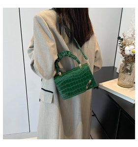 Detail view of dark green crocodile texture handbag with gold metal clasp on a model