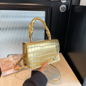 Minimalist gold square handbag with crocodile pattern and ruched handle for women