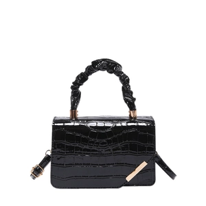 Chic black crocodile embossed square handbag with glossy finish and ruched handle