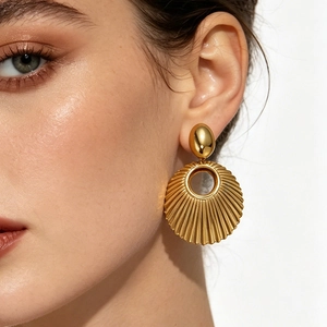 Round Hollow Shell Texture Drop Earrings Stainless Steel Gold Plated Retro Vintage Fashion Style Jewelry For Women