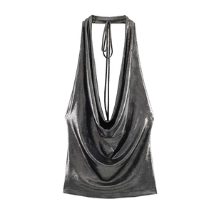 Sexy silver metallic draped cowl neck halter top for women isolated on white background