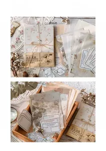 Close-up of vintage aesthetic botanical stickers and mixed texture scrapbooking paper