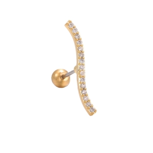 Curved gold ear bone stud with 14 white cubic zirconia and a ball screw back closure