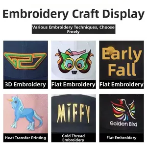 Detail showing custom 3D embroidery and heat transfer printing on vintage baseball caps