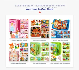 Detail view showing six different educational felt busy board themes for toddler early learning