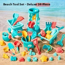 Deluxe 34-piece children beach toy set with sand mold bucket and watering can