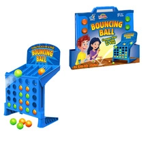 Educational bouncing ball game with blue four-connect rack, green and orange balls