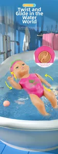 Detail of wind-up swimming baby doll toy floating in bathtub with water splash