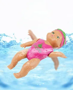 Macro shot of a floating pink doll toy in blue water showing realistic splashing details