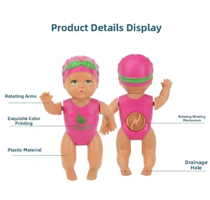 Detailed views of wind-up swimming doll featuring rotating arms and drainage holes