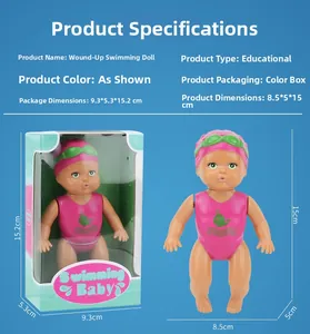 Detailed product size specifications for the pink wind-up swimming baby doll bath toy