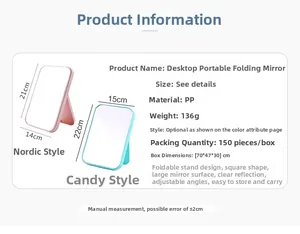 Detail showing foldable desktop makeup mirror in PP material with 21x14cm size parameters